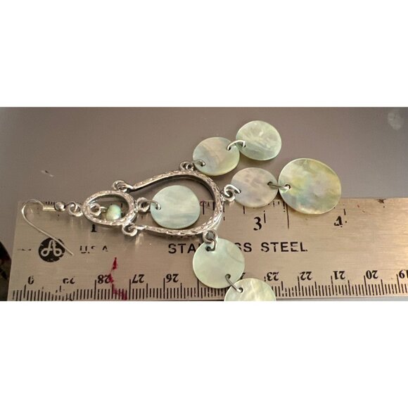 Vintage Silver Tone Mother of Pearl Chandelier Dangle Earrings Estate Hooks 4" - Picture 4 of 4